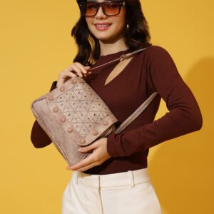 Cavaya Women Sling Bag – Laser Cut Faux Leather with Adjustable Strap & Studded Front Detailing